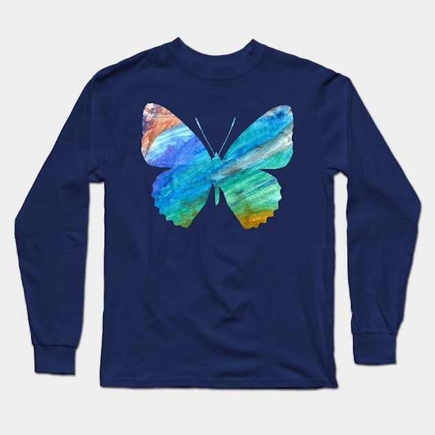 Blue green watercolor butterfly Long Sleeve T-Shirt by AnnArtshock